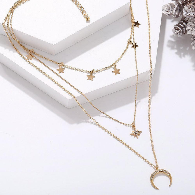 Hypoallergenic 3 Piece Celestial Drop Necklace With Austrian Crystals 18K Gold Plated Necklace